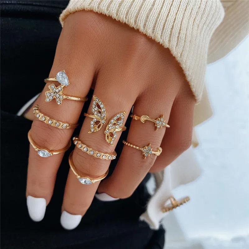 Silver Crystal Rings Set