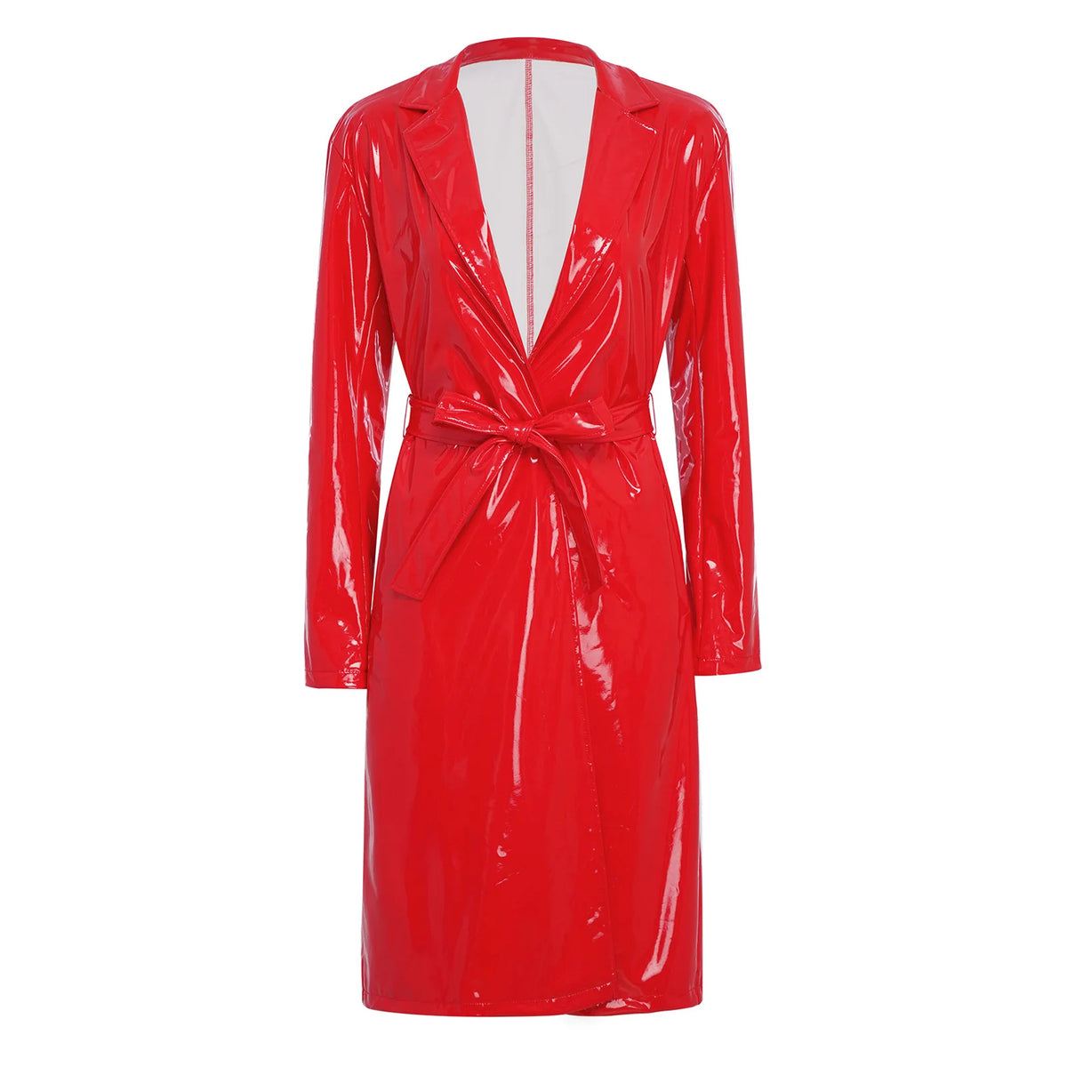 Women's PU Leather Trench Coat – Open Front, Lapel
