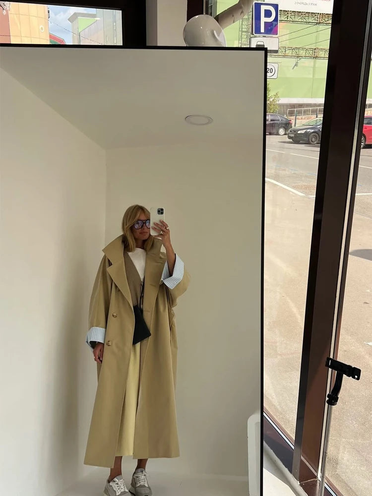 Women's Color-Block Long Trench Coat – Turn-Down Collar, Single-Breasted