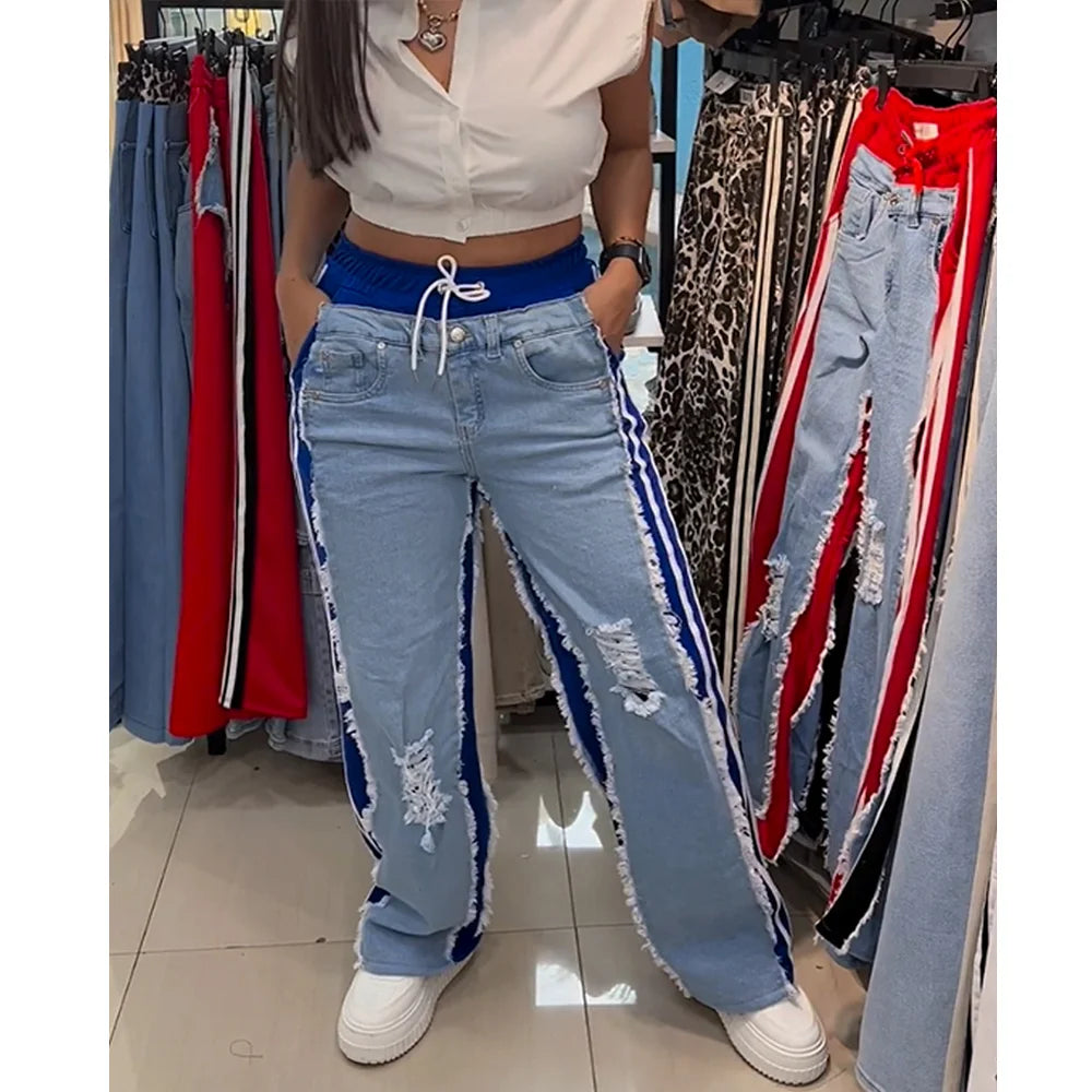 Damen-Jeans mit hoher Taille und Rissen – Colorblock-Patchwork, weites Bein