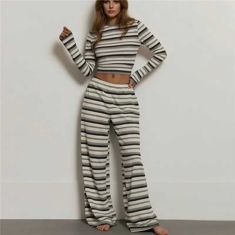 Ensemble pyjama 2 pièces pour femme, tenue d'intérieur, haut à rayures à col rond et manches longues avec pantalon ample, ensemble de nuit