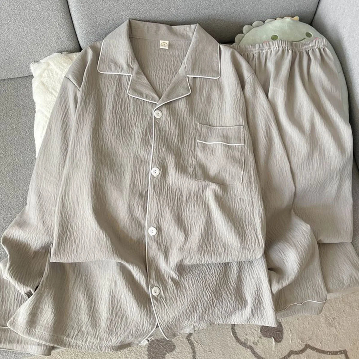 Set pigiama da uomo autunnale, nuovo, tinta unita, semplice, taglie forti, con bavero, maniche lunghe, 2 pezzi, pigiama da uomo casual, morbido, oversize, abbigliamento da casa