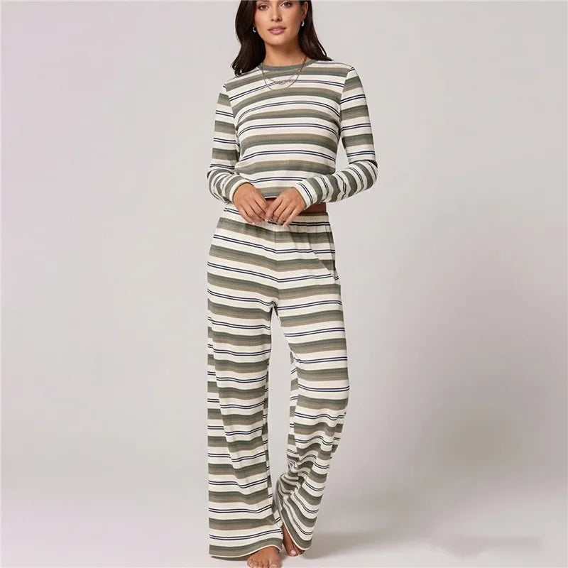 Ensemble pyjama 2 pièces pour femme, tenue d'intérieur, haut à rayures à col rond et manches longues avec pantalon ample, ensemble de nuit