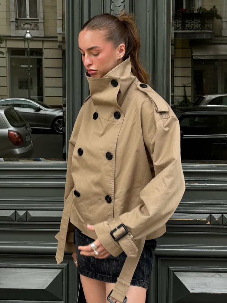 Women's Khaki Short Trench Coat – Stand Collar, Double-Breasted