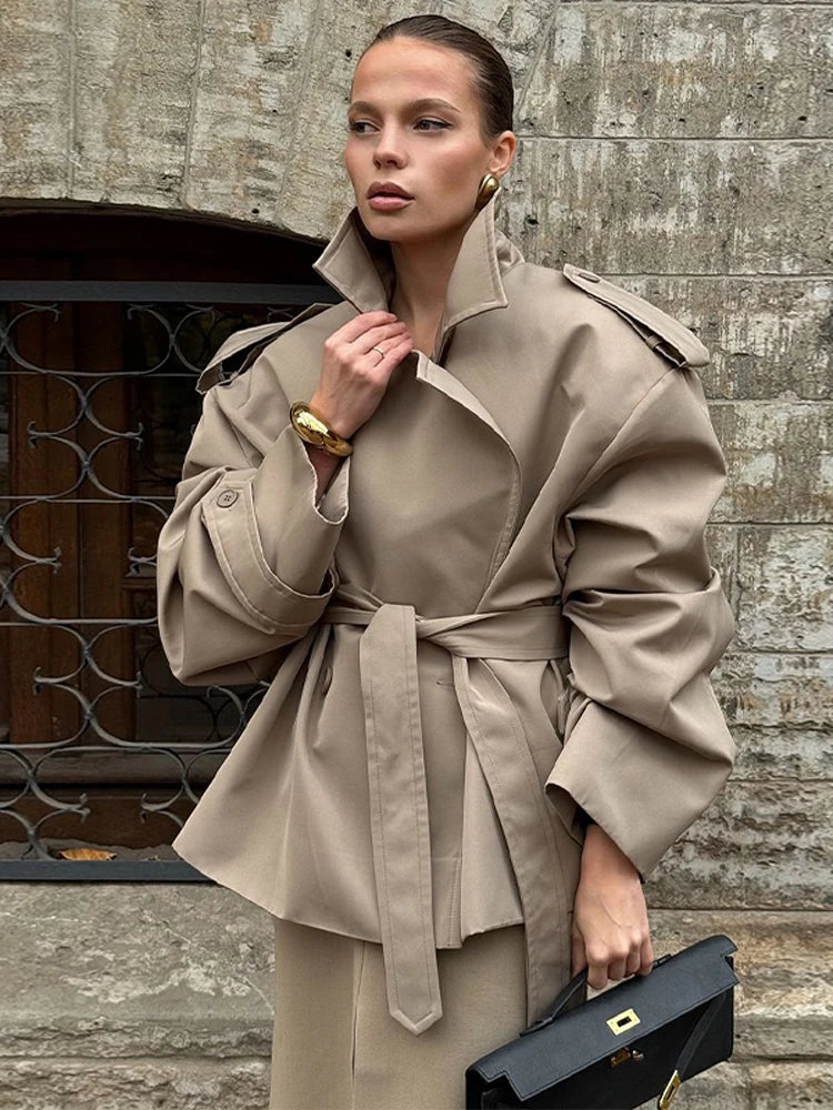 Women's Black Long Trench Coat – Stand Collar, Single-Breasted