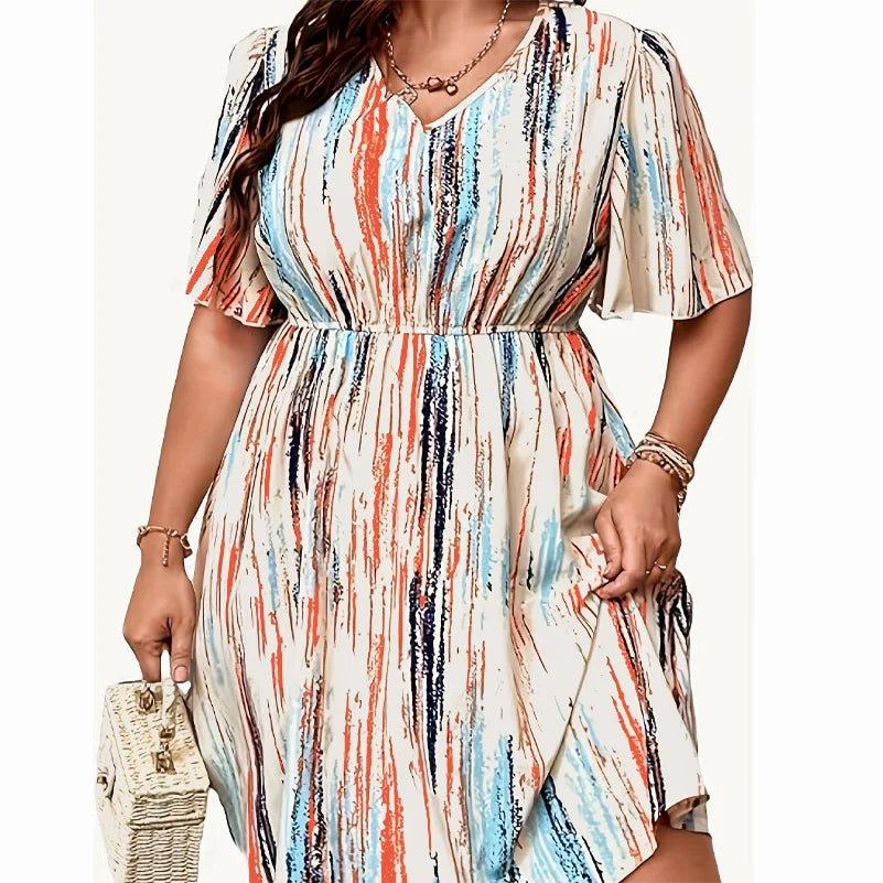 Women's Plus Size Striped Dress – V-Neck, Short Sleeve, Elastic Waist