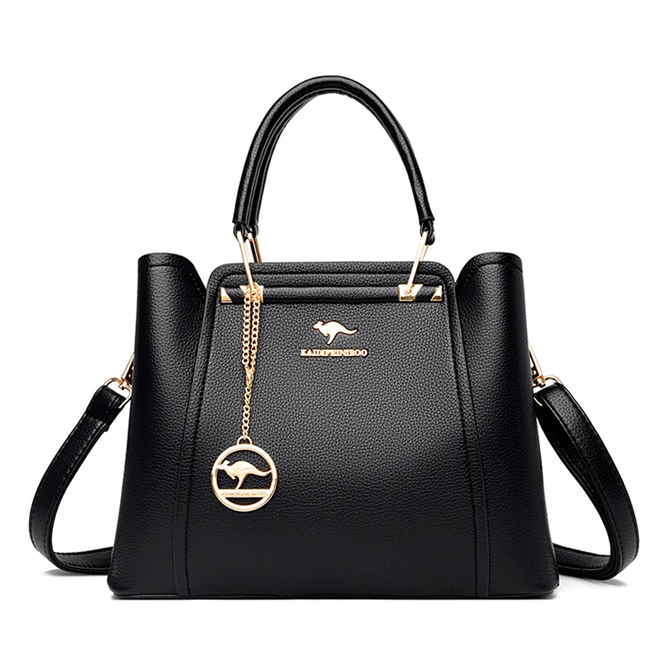 Women's Split Leather 3-Layer Tote Shoulder Crossbody Handbag
