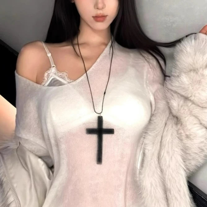 Y2K Wooden Cross Pendant Necklace