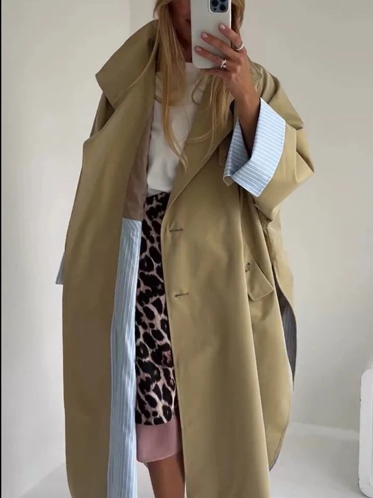Women's Color-Block Long Trench Coat – Turn-Down Collar, Single-Breasted