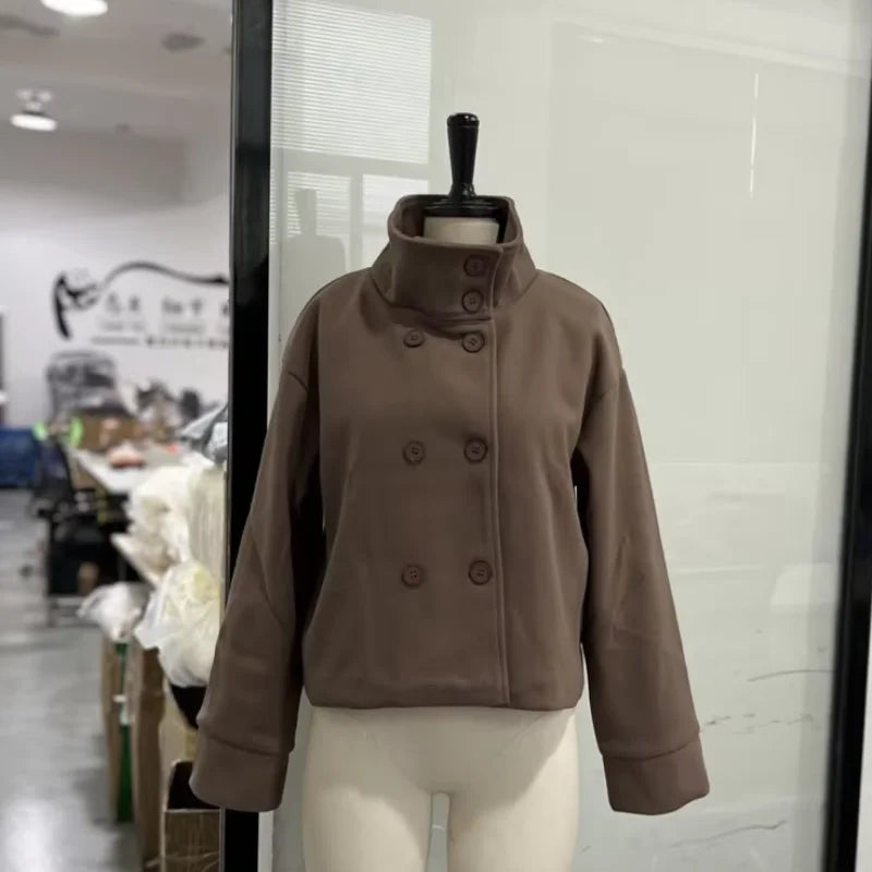 Women's Short Coat – Stand Collar, Full Sleeve, Zipper
