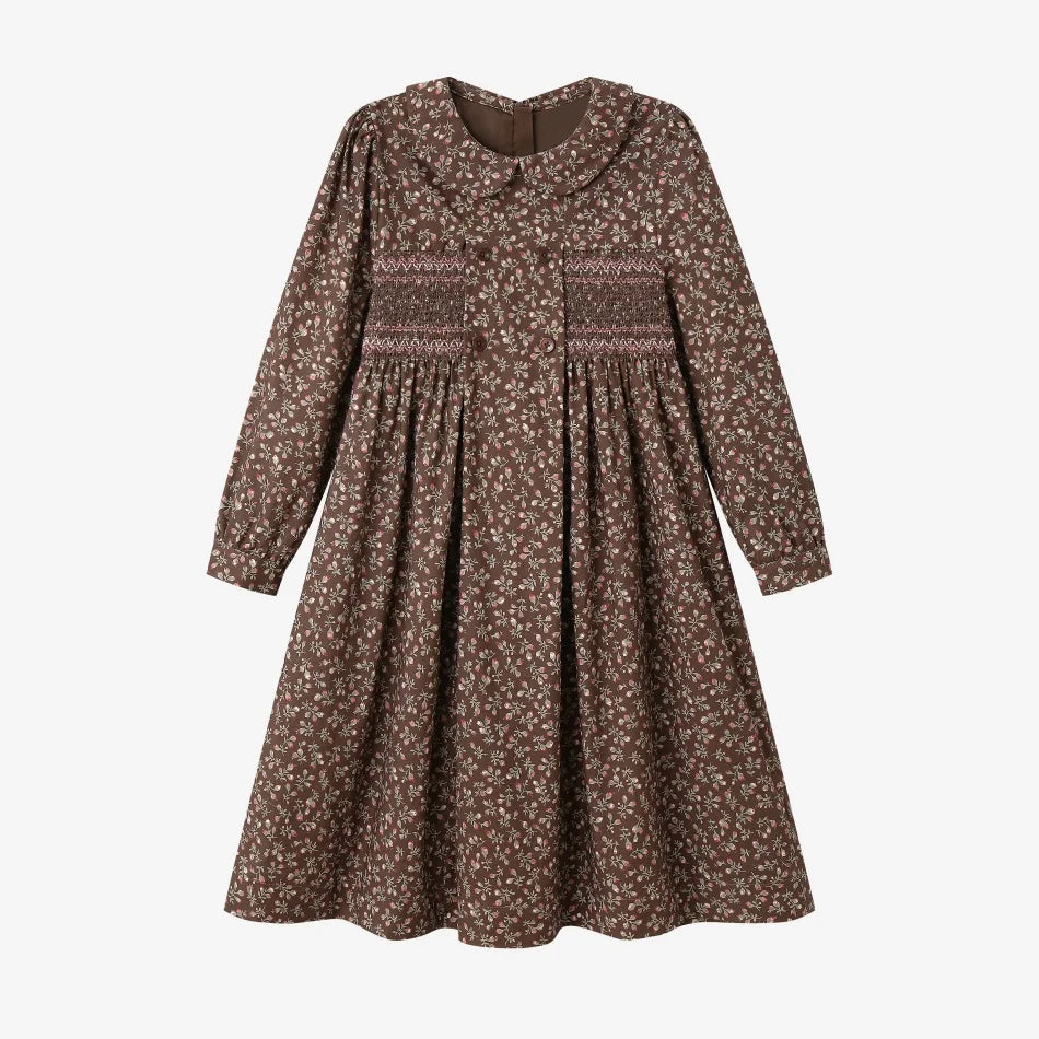 Girls' Brown Floral Smocked Dress – Cotton