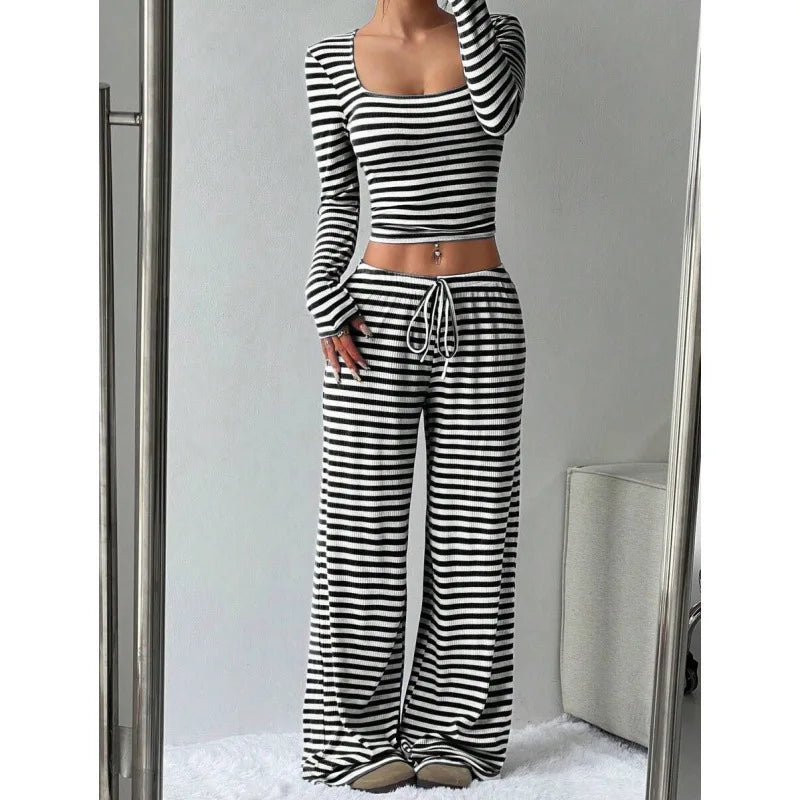 Ensemble deux pièces pour femme à rayures, pantalon large taille haute, haut à manches longues, mode moulante