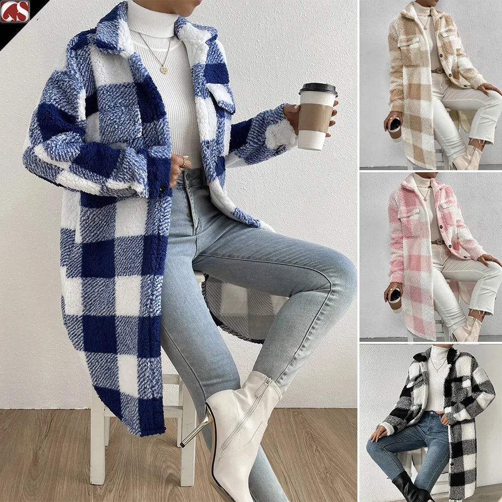 Women's Plaid Fleece Coat – Turn-Down Collar, Button Front