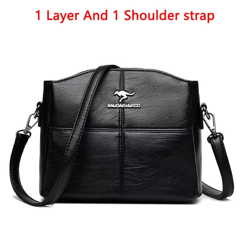 Women's Split Leather 3-Layer Tote Shoulder Crossbody Handbag