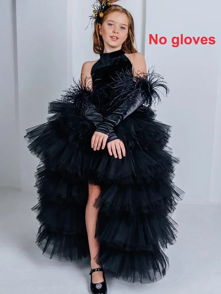 Schwarzes Tüll-Prinzessinnenkleid mit Neckholder für Mädchen – mehrlagig