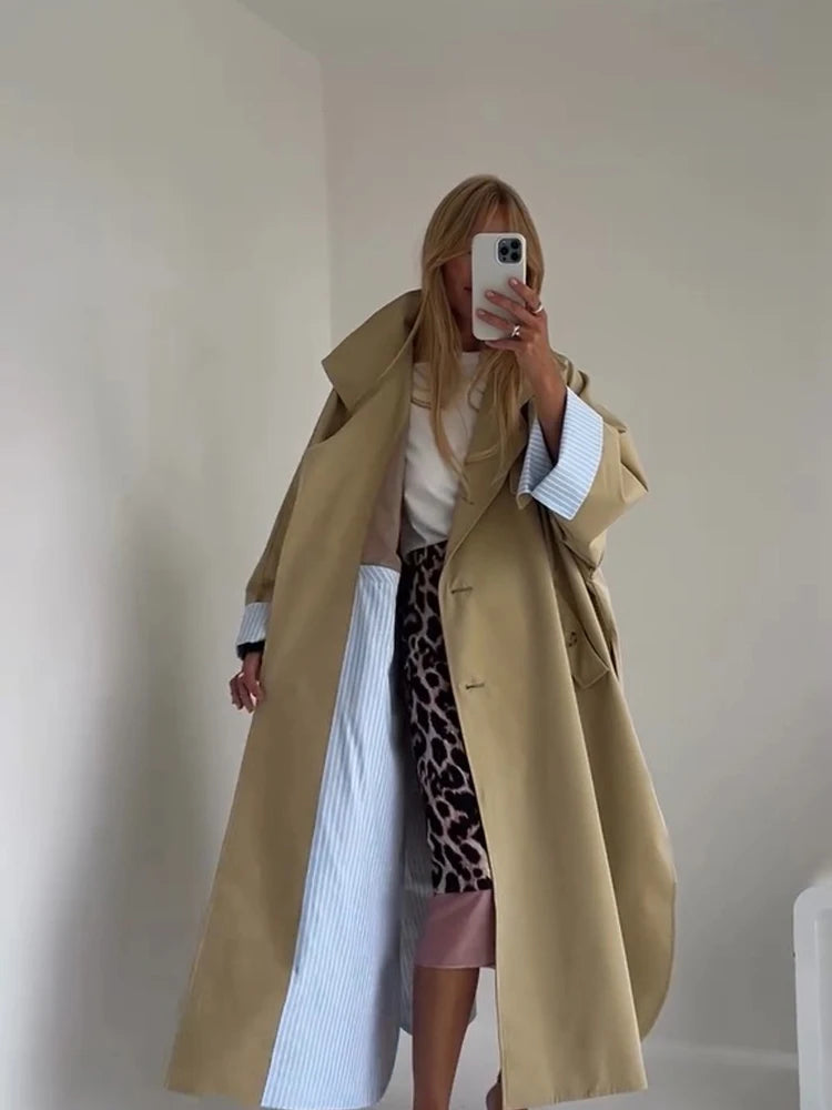 Women's Color-Block Long Trench Coat – Turn-Down Collar, Single-Breasted