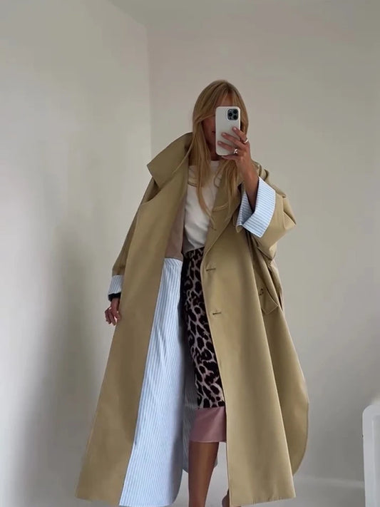 Women's Color-Block Long Trench Coat – Turn-Down Collar, Single-Breasted