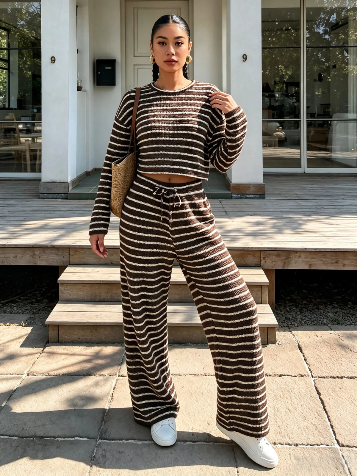 Damen Herbst Winter Braun Weiß Gestreiftes Strick-Oberteil & Weite Hose 2-teiliger Freizeit-Trainingsanzug Loungewear