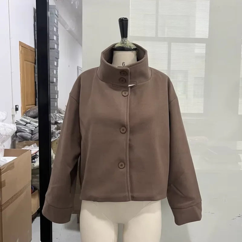 Women's Short Coat – Stand Collar, Full Sleeve, Zipper