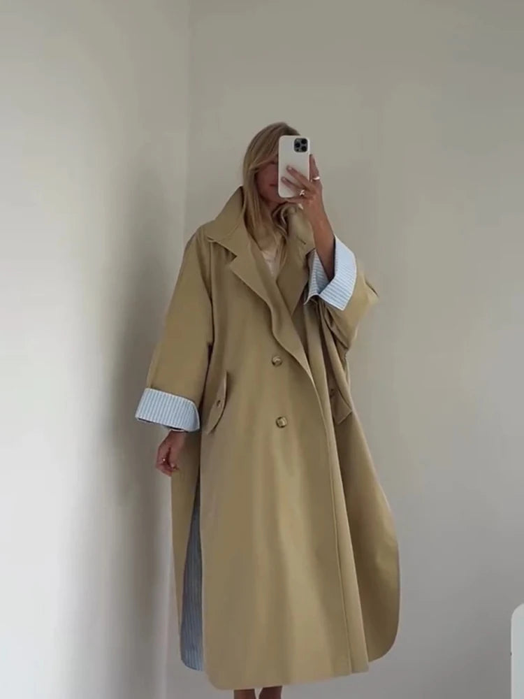 Women's Black Long Trench Coat – Stand Collar, Single-Breasted