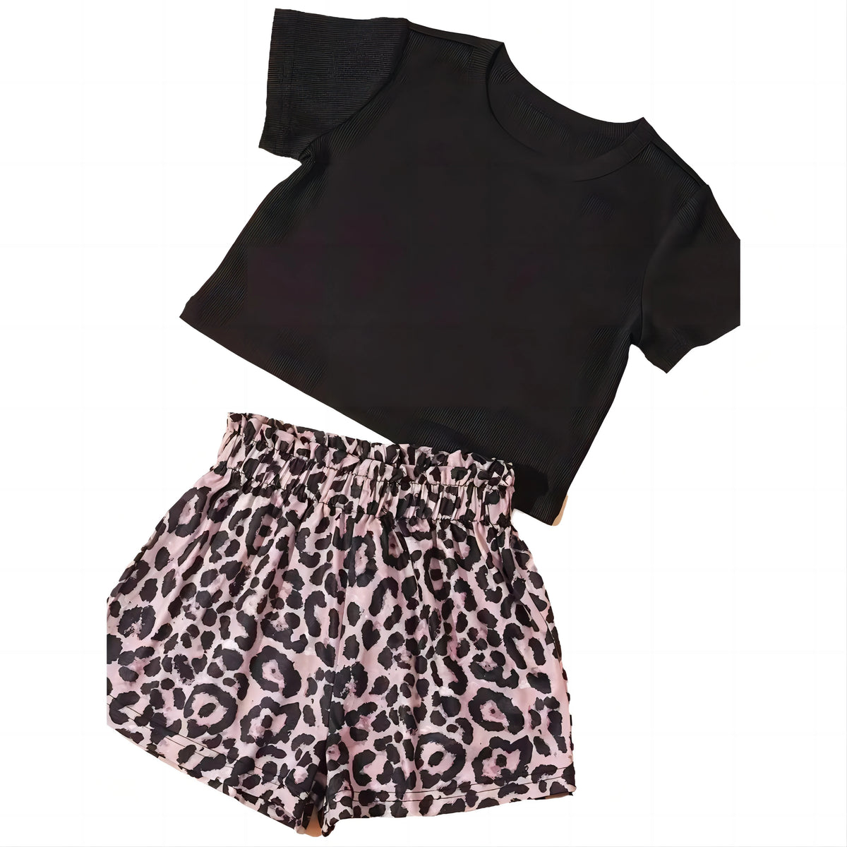 Girls' 2-Piece Summer Outfit – Ribbed T-Shirt & Leopard Shorts