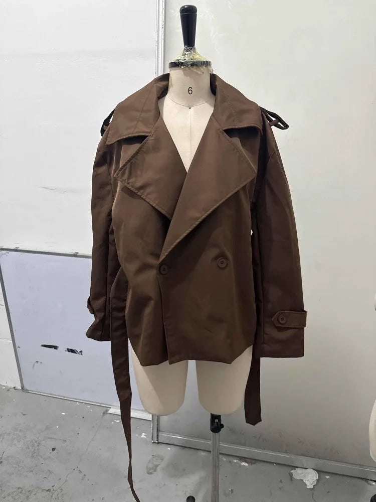 Women's Lace-Up Short Trench Coat – Button, Loose Fit