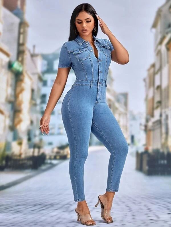 Tuta jumpsuit sexy elasticizzata in jeans da donna, con colletto a revers, elegante tuta intera in denim casual per feste