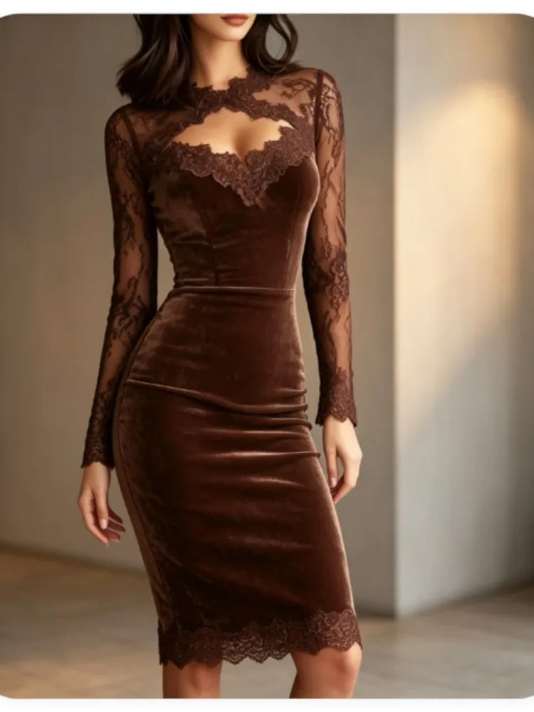 Abito midi in velluto da donna, elegante vestito a tubino con maniche lunghe in pizzo, traforato, ideale per feste, serate e occasioni formali, novità autunno-inverno