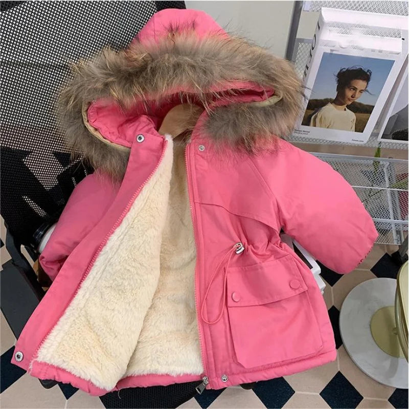 Girls' Velvet Winter Parka – Thickened, Cotton-Padded