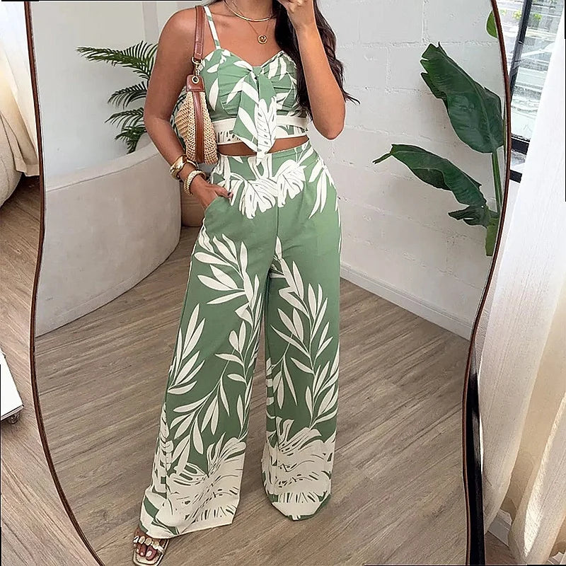 Completo estivo da donna: canotta stampata sexy e pantaloni a gamba larga, coordinato primavera-estate