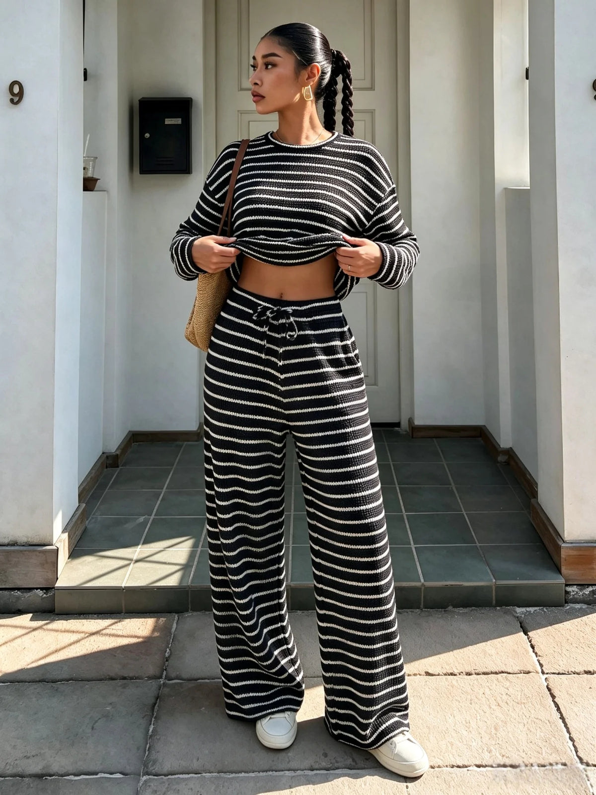 Damen Herbst Winter Braun Weiß Gestreiftes Strick-Oberteil & Weite Hose 2-teiliger Freizeit-Trainingsanzug Loungewear