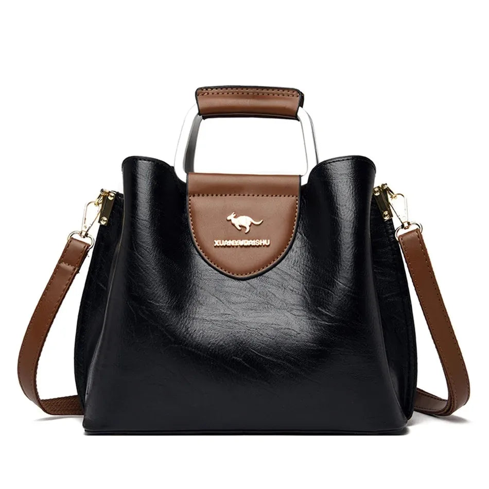 Women's Split Leather 3-Layer Tote Shoulder Crossbody Handbag