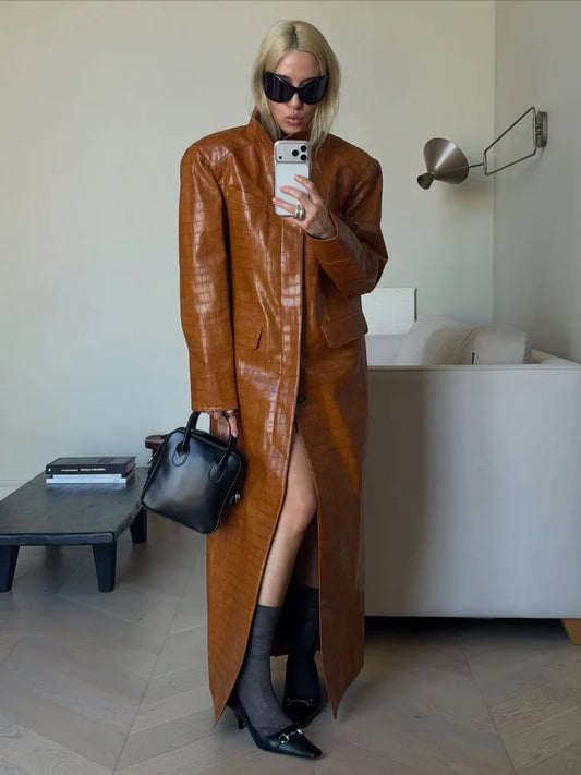 Women's Croc-Embossed Faux Leather Trench Coat – Long, Single-Breasted
