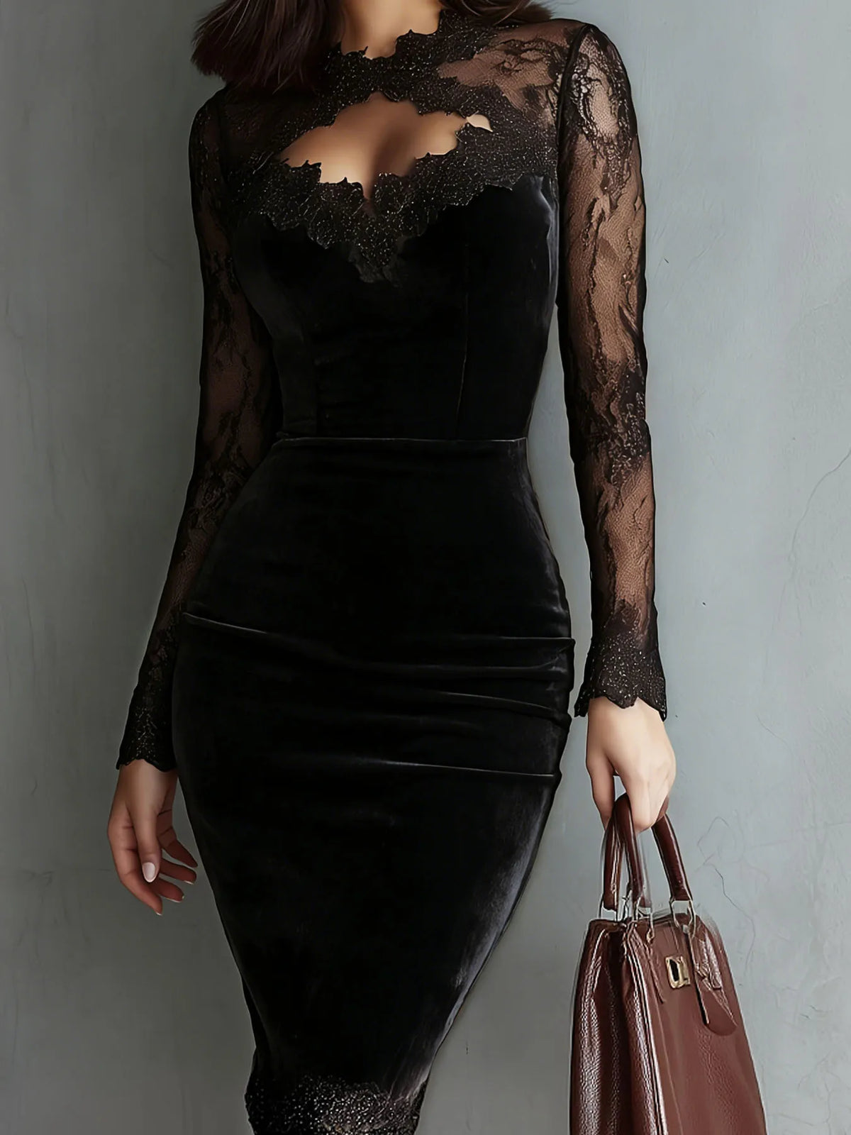 Abito midi in velluto da donna, elegante vestito a tubino con maniche lunghe in pizzo, traforato, ideale per feste, serate e occasioni formali, novità autunno-inverno