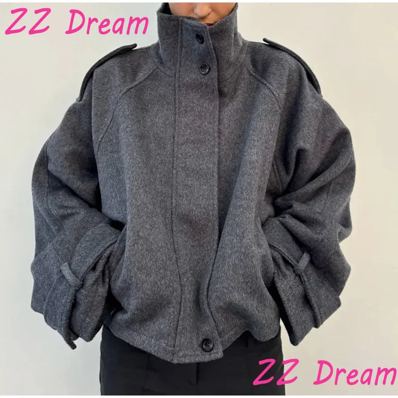 Women's Short Coat – Stand Collar, Full Sleeve, Zipper