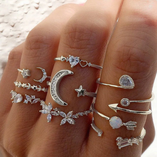 Silver Crystal Rings Set