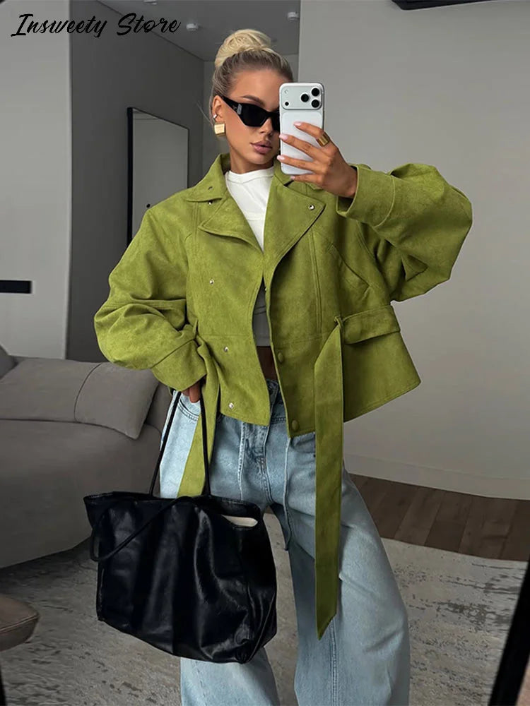 Women's Green Cropped Trench Coat – Stand Collar, Belted