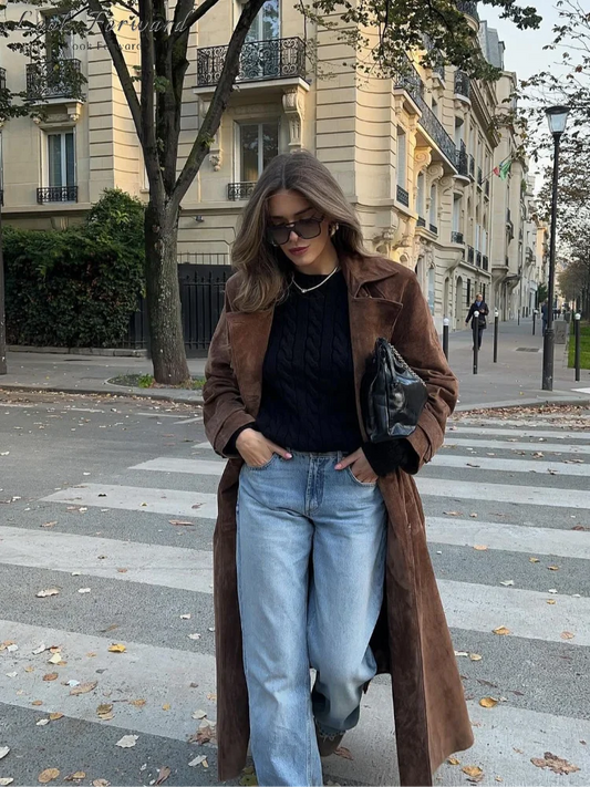 Women's Double-Breasted Long Coat – Turn-Down Collar