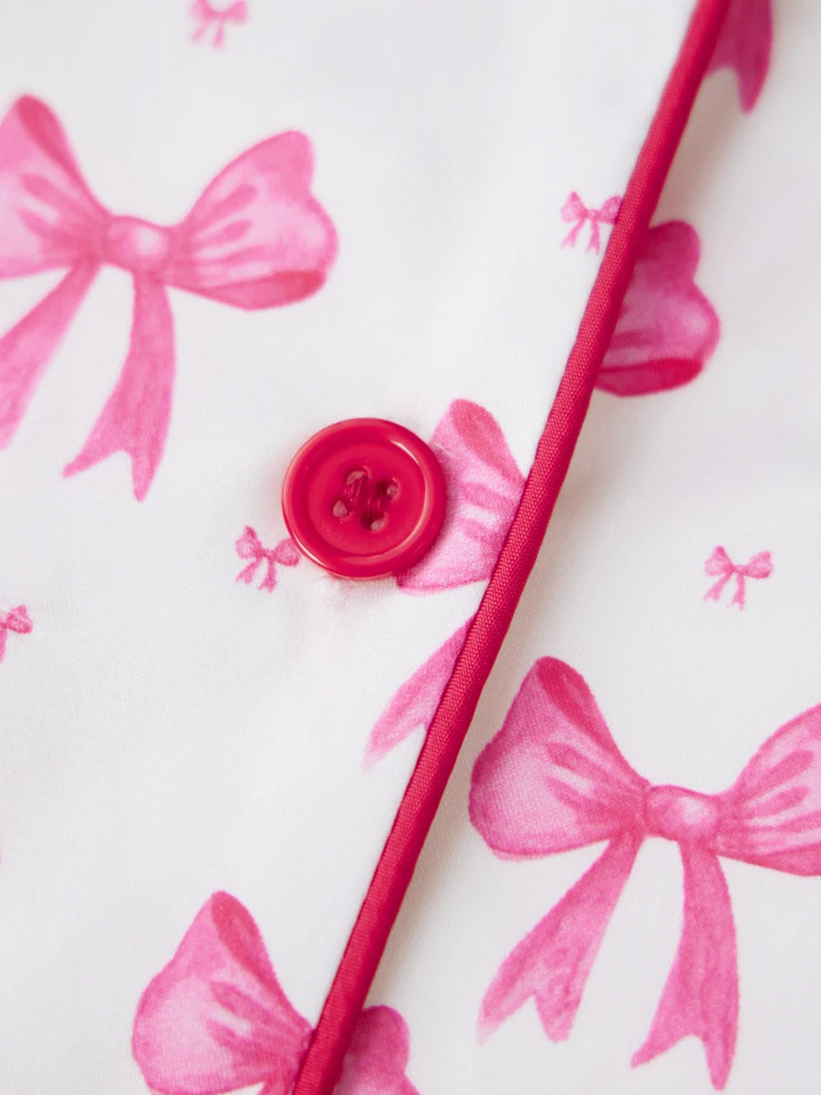 Ensemble de pyjama Y2K à nœuds pour femmes, satin de soie rose, mignon pyjama long boutonné, ensemble haut et pantalon de détente, tenue pour la Saint-Valentin