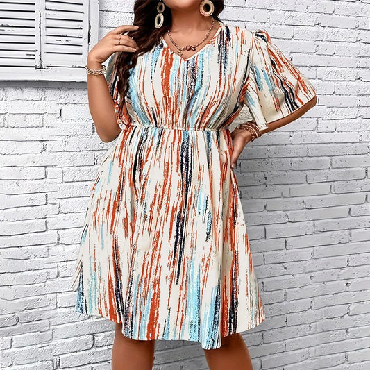 Women's Plus Size Striped Dress – V-Neck, Short Sleeve, Elastic Waist
