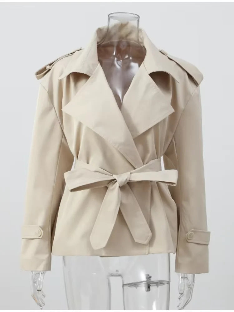 Women's Lace-Up Short Trench Coat – Button, Loose Fit