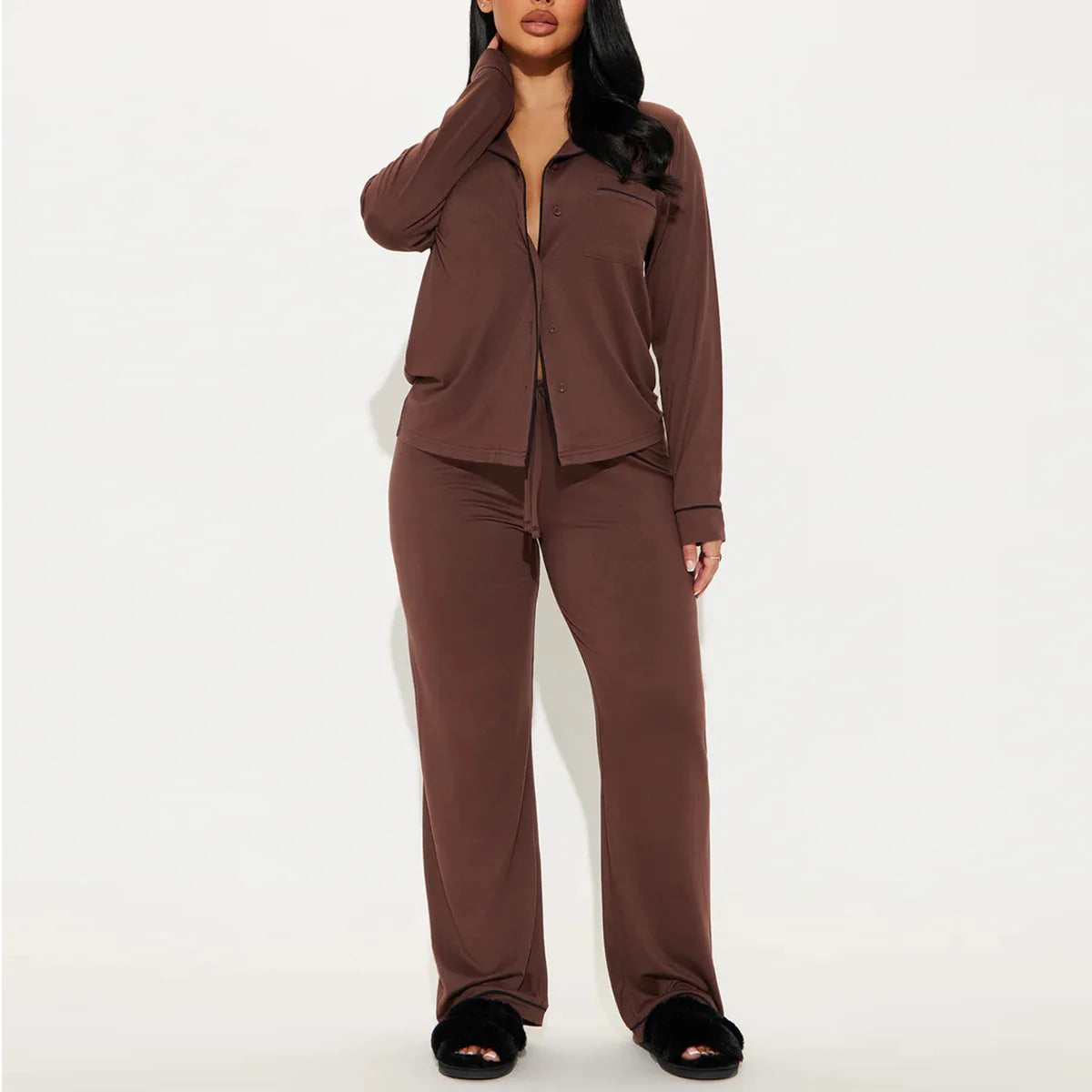 Ensemble pyjama deux pièces pour femme avec col rabattu, manches longues, pantalon large, taille élastique à lacets, style streetwear Y2k 2026