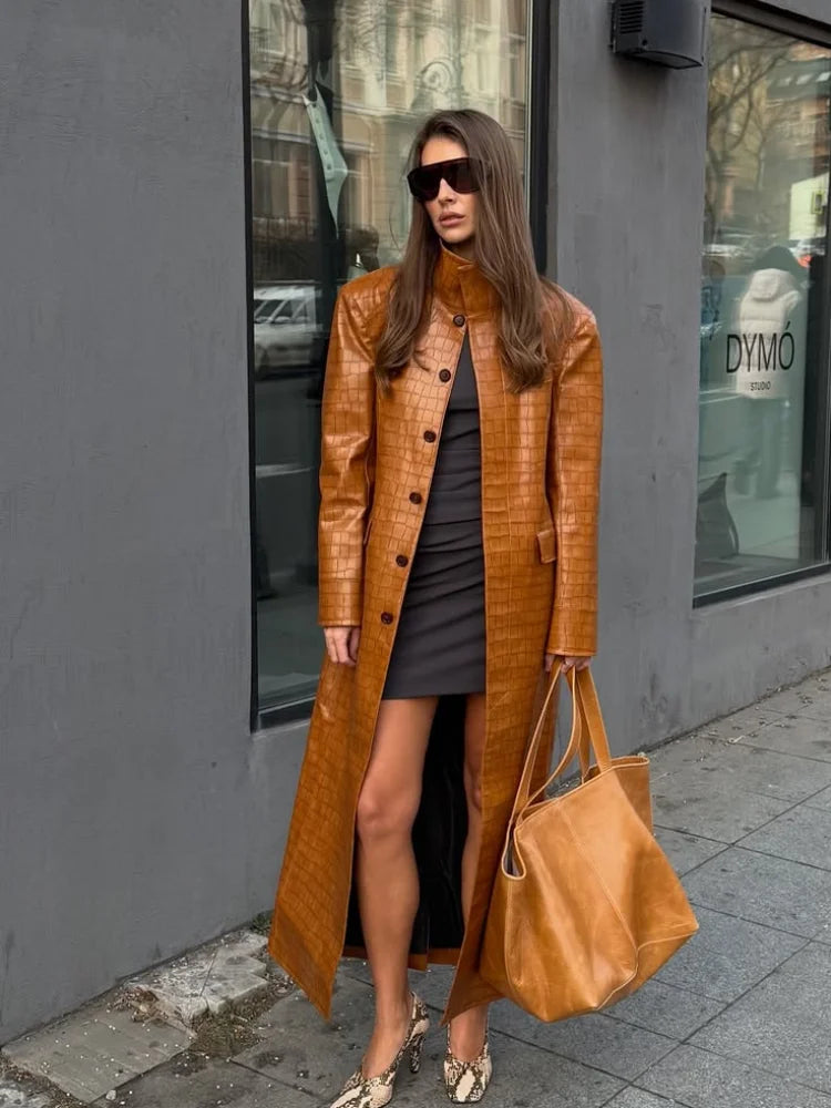 Women's Croc-Embossed Faux Leather Trench Coat – Long, Single-Breasted