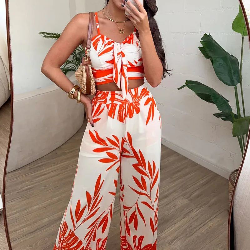 Completo estivo da donna: canotta stampata sexy e pantaloni a gamba larga, coordinato primavera-estate