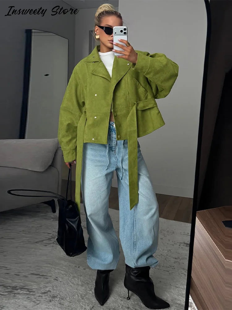 Women's Green Cropped Trench Coat – Stand Collar, Belted
