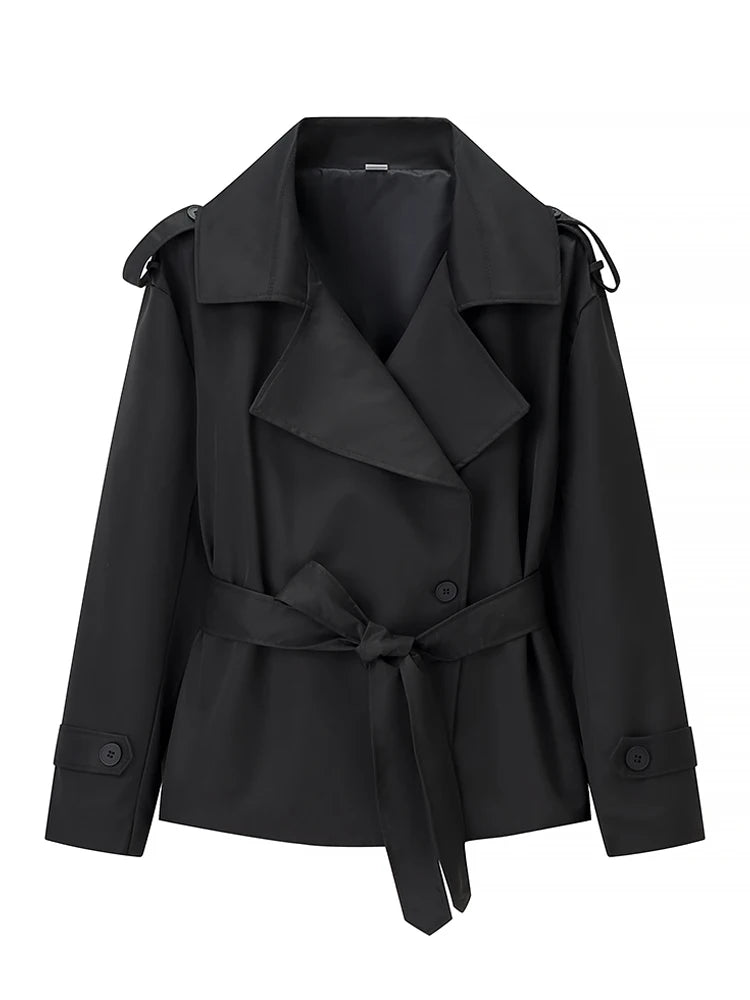 Women's Black Long Trench Coat – Stand Collar, Single-Breasted