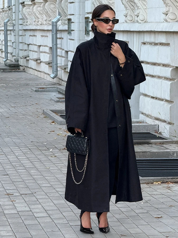 Women's Black Long Trench Coat – Stand Collar, Single-Breasted