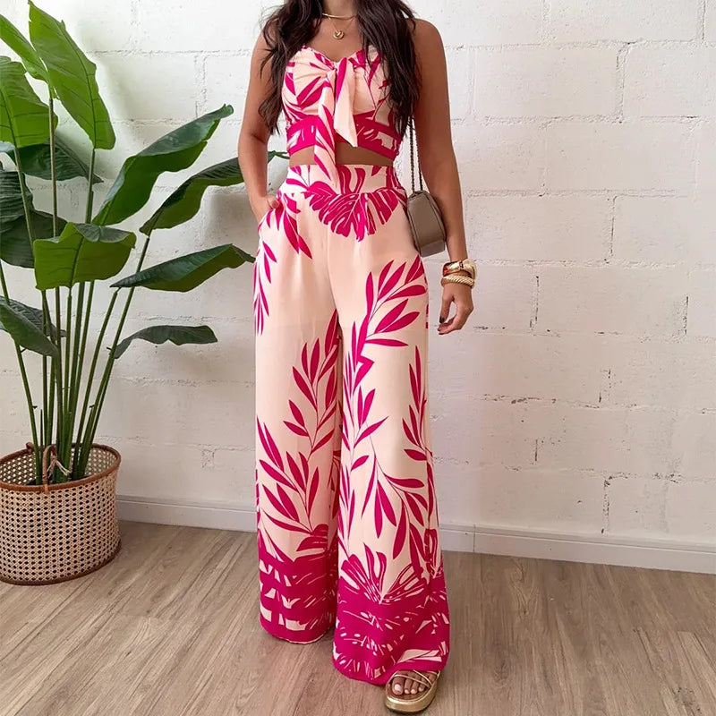 Completo estivo da donna: canotta stampata sexy e pantaloni a gamba larga, coordinato primavera-estate