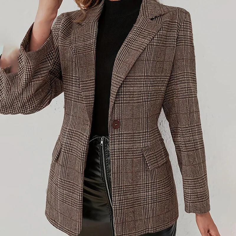 Veste blazer vintage à carreaux, boutonnée, col à revers, manches longues, poches, coupe ajustée, style bureau, tenue de travail, chaude, manteau quotidien.