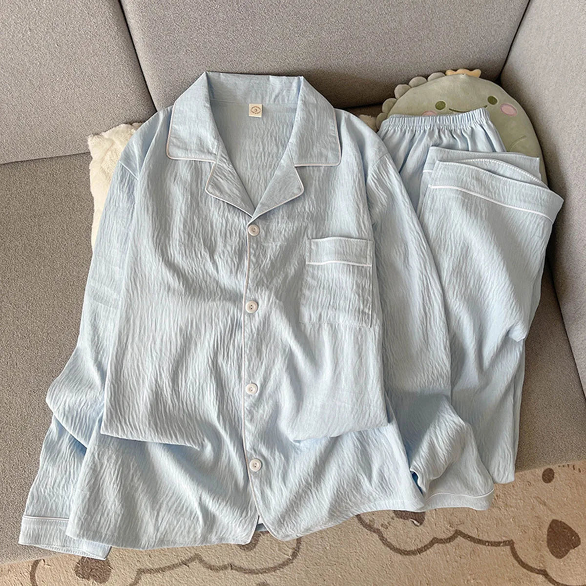 Set pigiama da uomo autunnale, nuovo, tinta unita, semplice, taglie forti, con bavero, maniche lunghe, 2 pezzi, pigiama da uomo casual, morbido, oversize, abbigliamento da casa